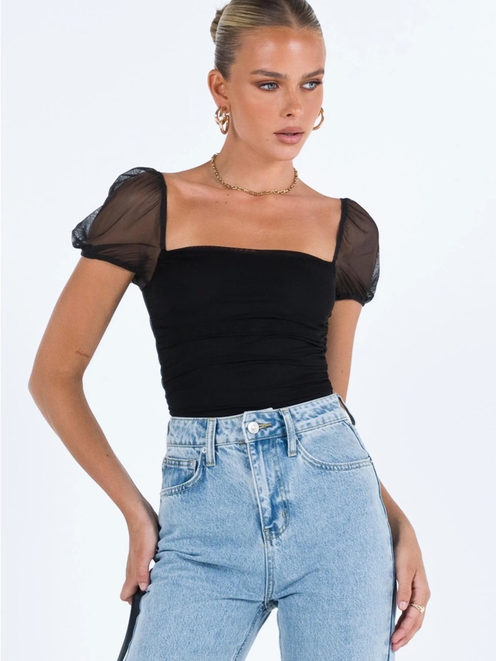 Princess Polly Black Mesh Puff Sleeve Bodysuit Sz 4 - Picture 6 of 12